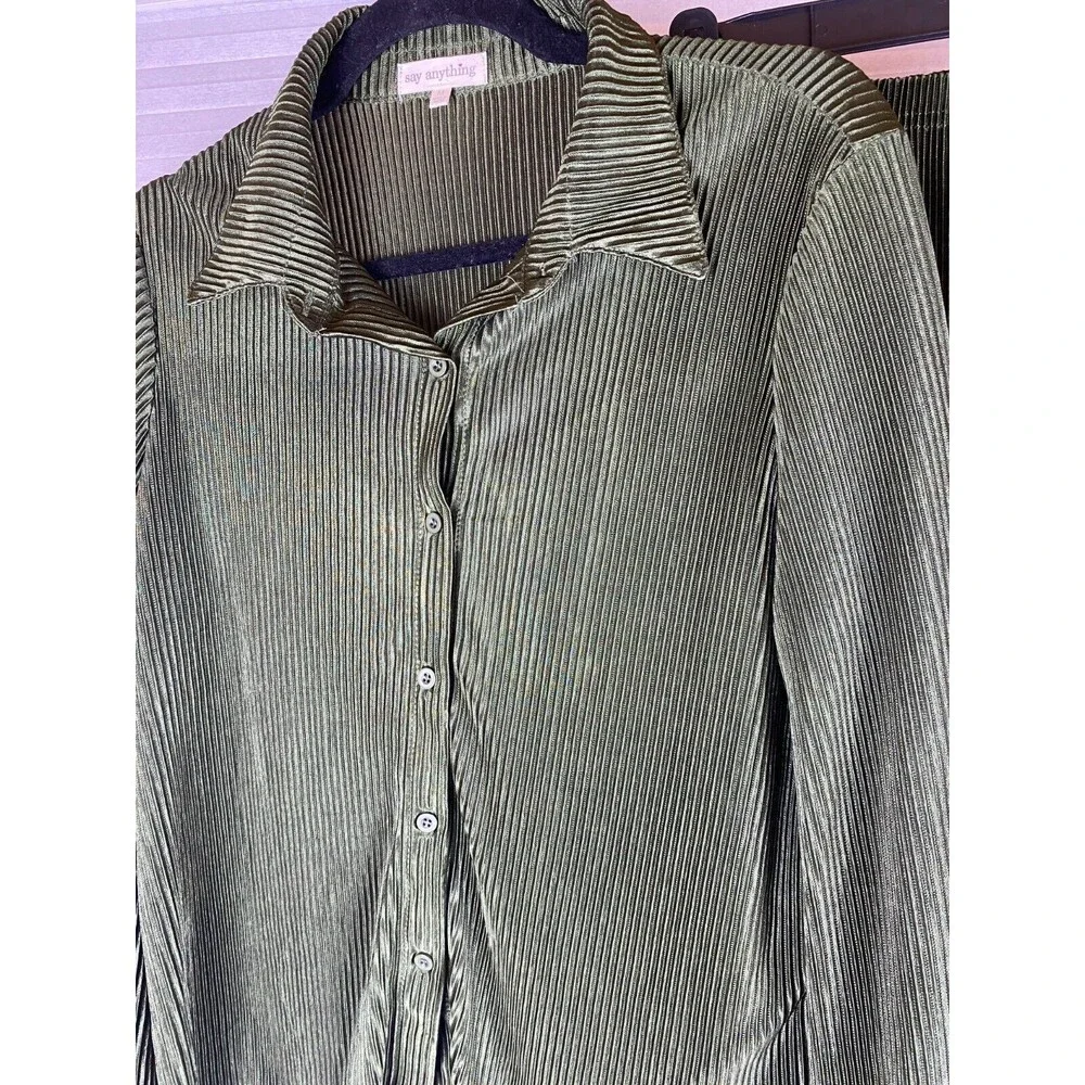 Say Anything 2pc Top Pants Sz M Olive Green Ribbed Long Sleeve Button Down Sheer - Picture 3 of 14